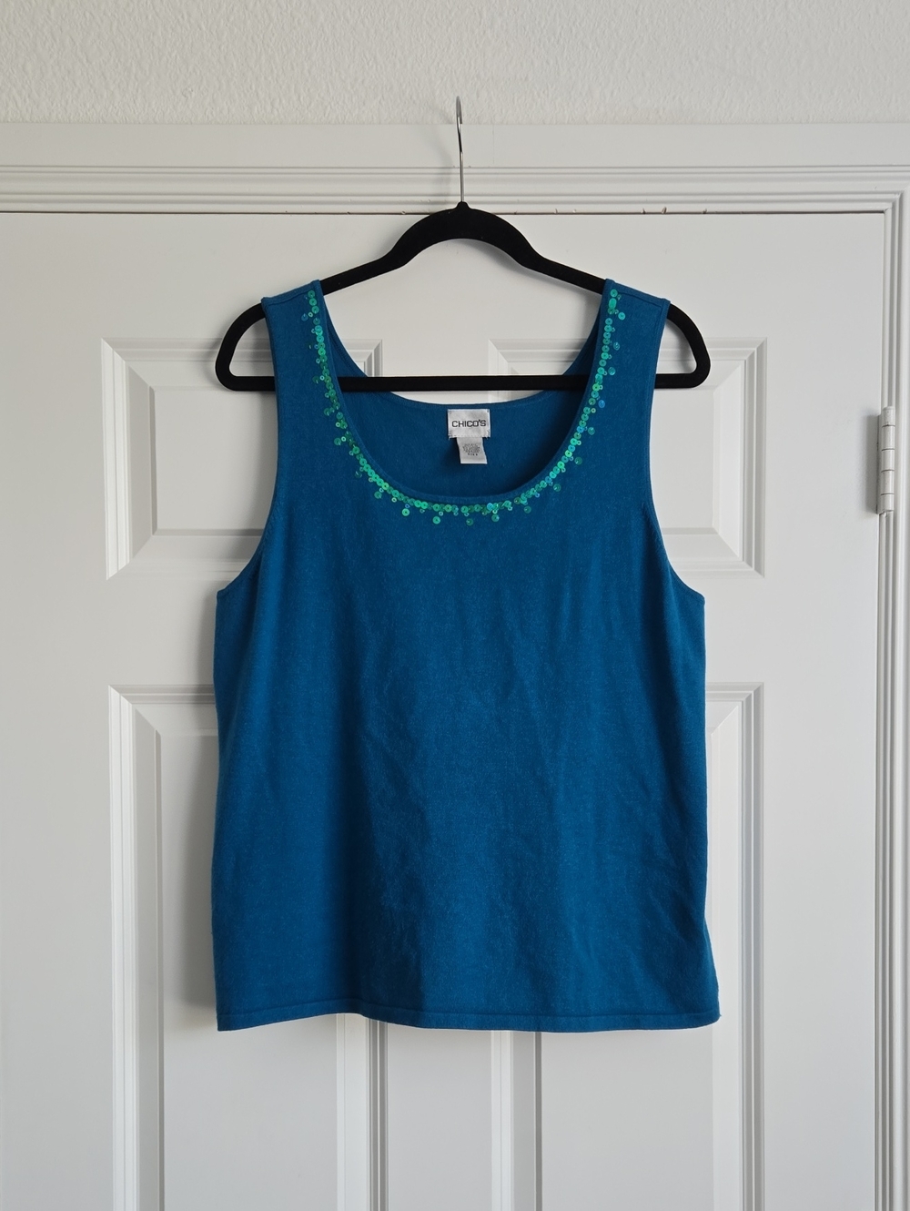 Chico's Teal Turquoise Tank with Green Embroidered Neckline
